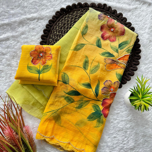 Soft Cloud Crush Silk Saree with Hand-Painted Art & Handwork Yellow