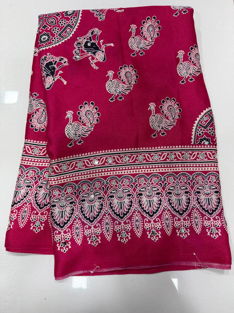 Pure Arjakh Dull Moss Designer Print Saree with Mirror Work Magenta
