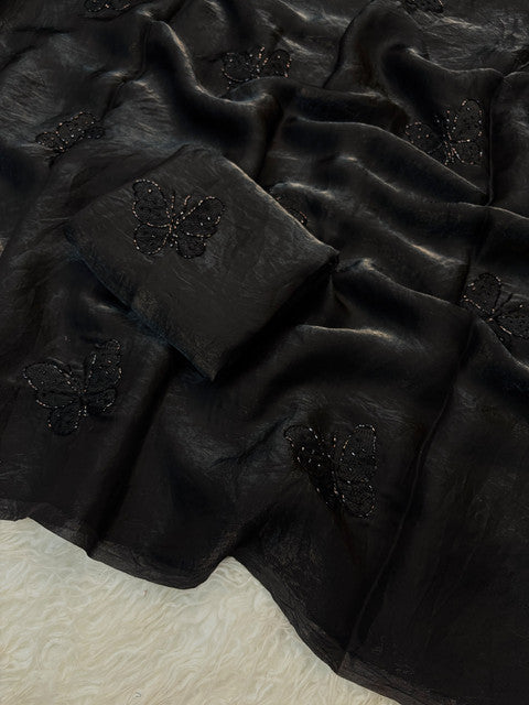 Space Satin Saree with Sequin Work and Running Blouse Black