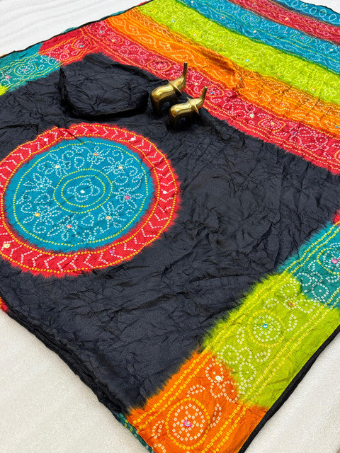 Banno Pure Moss Bandhani Saree with Mirror Work Charcoal