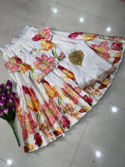 Position Foil Work Pure Silk Lehenga Choli Set Off-White