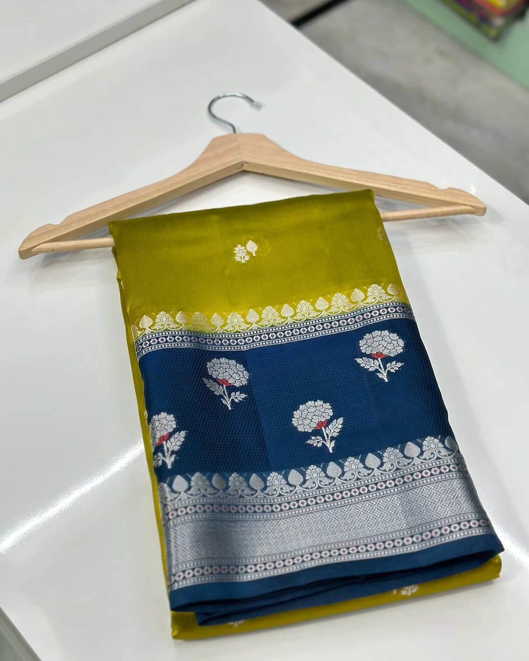 Banarasi Handloom Raw Mango Silk Saree with Double Meena Zari Butta