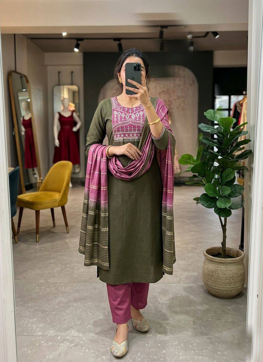 Roman Silk Straight-Cut Kurta Set with Yoke Embroidery and Contrast Dupatta