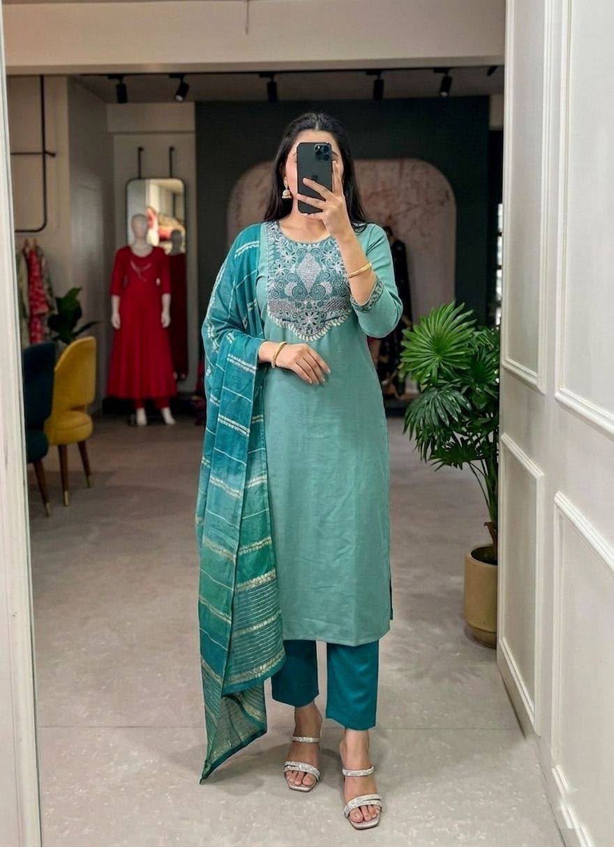 Roman Silk Straight-Cut Kurta Set with Yoke Embroidery and Contrast Dupatta