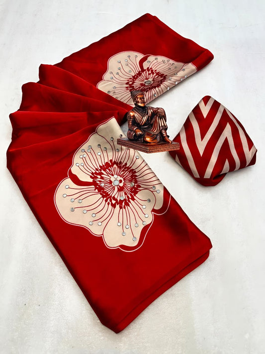 Silk Crepe Ethnic Floral Print Mirror Work Saree with Blouse