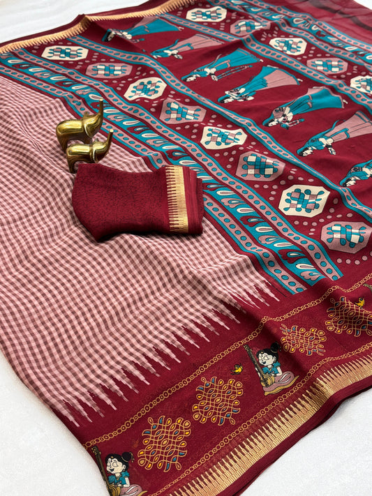 Heavy Georgette Silk Checks Print Saree with Woven Jacquard Border