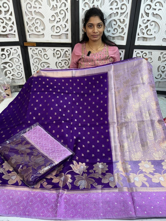 Banarasi Dybl Dupion Soft Silk Alfi Minakari Butti Woven Saree