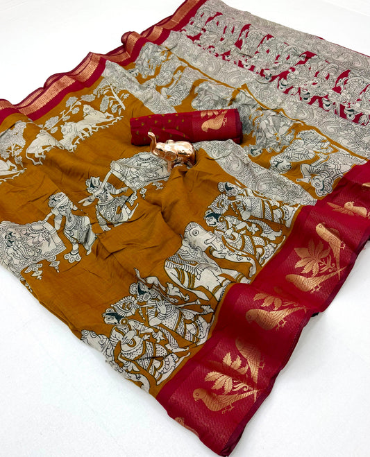 Mangalgiri Parrot Soft PV Mul Cotton Saree with Kalamkari Pallu