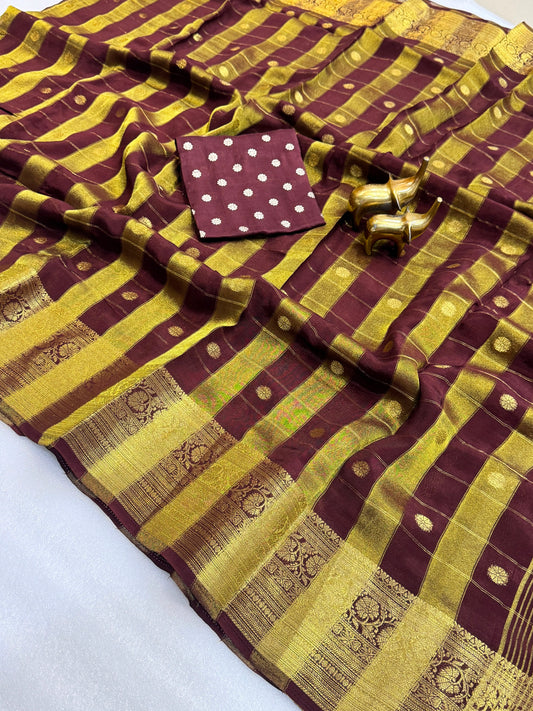 Pure Viscose Malai Silk Check Pattern Saree with Matching Blouse