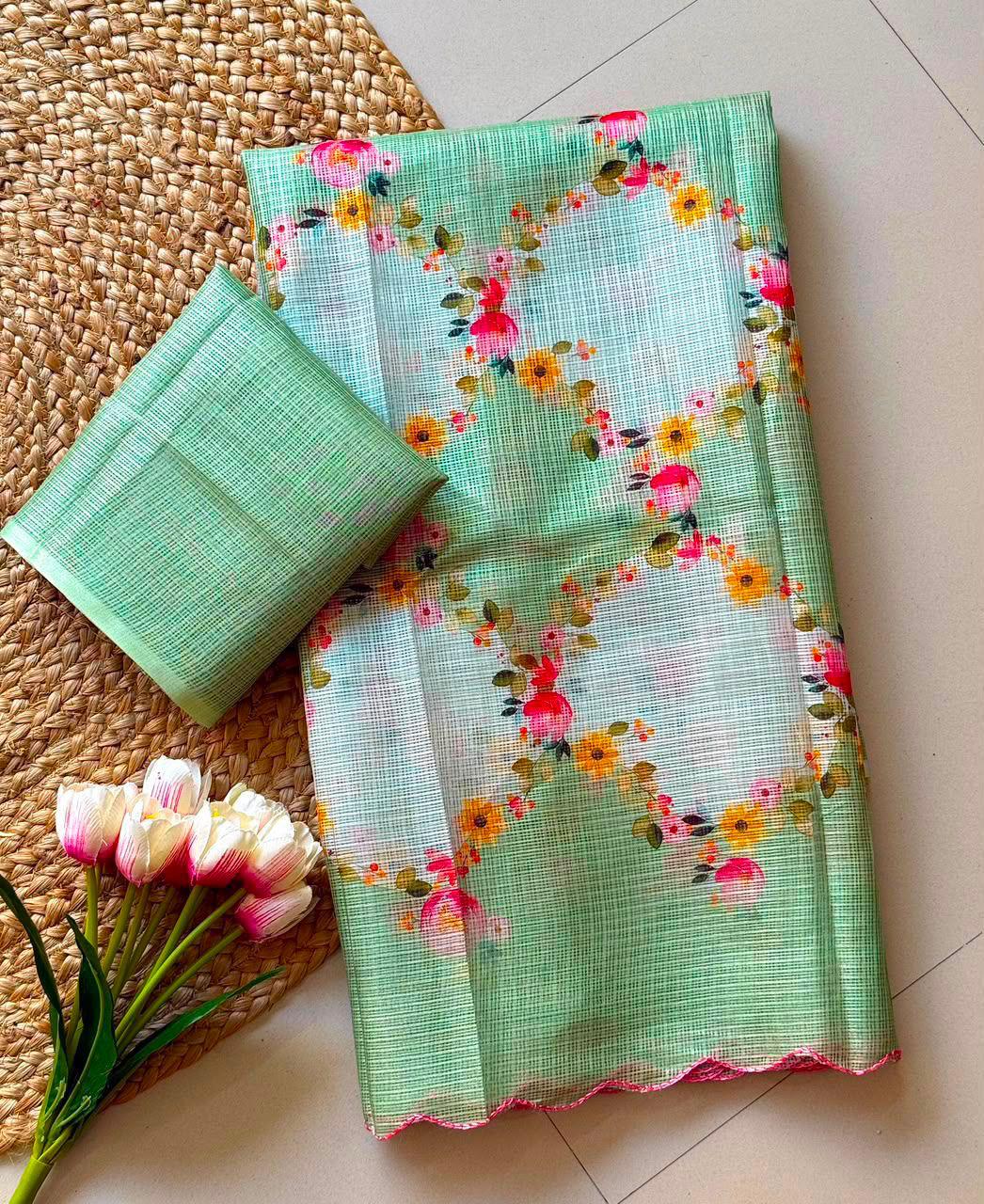 Lightweight Kota Checks Floral Print Saree with Arco Cutwork Border