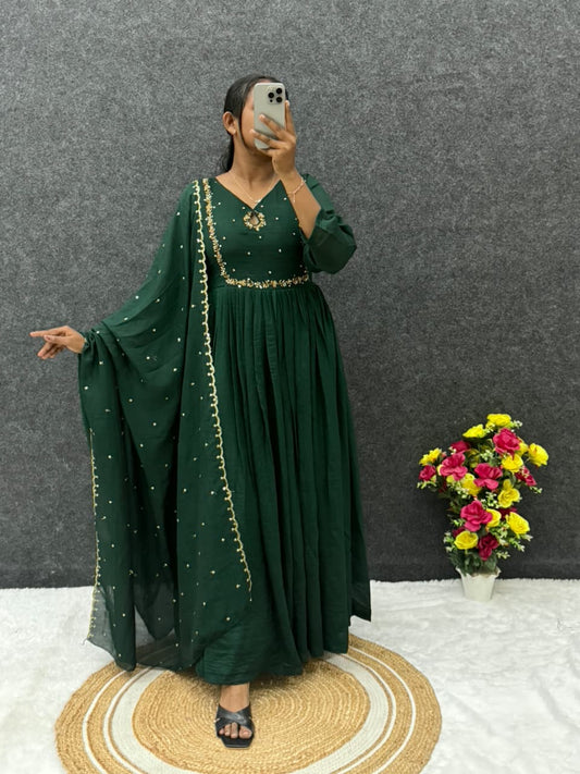 Handwork Vichitra Silk Anarkali Gown with Sequence Work Dupatta