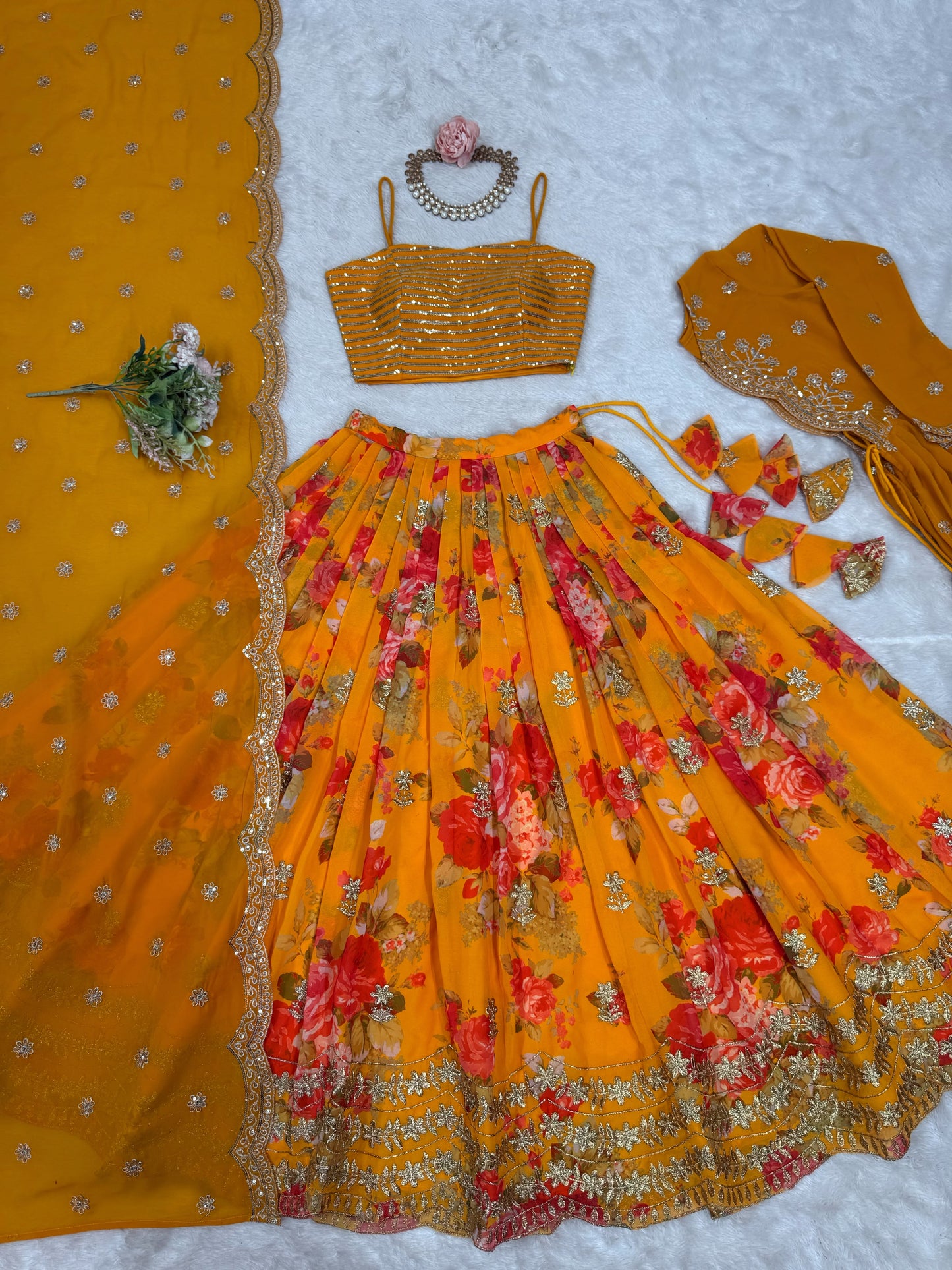 Faux Georgette Digital Print Semi-Stitched Lehenga Choli with Koti and Dupatta
