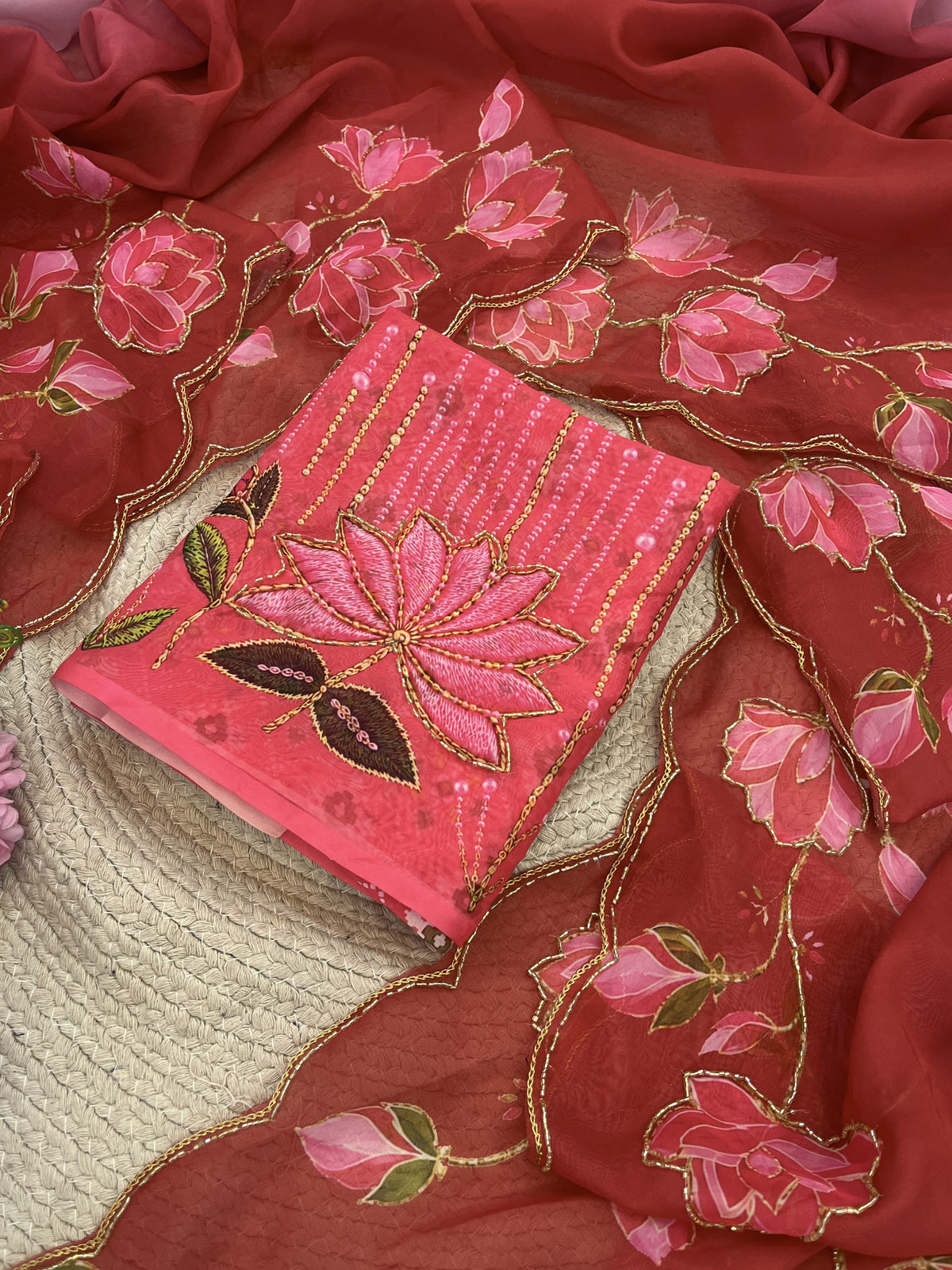 TeBy Silk Floral Digital Print Saree with Cutdana Khatli Work