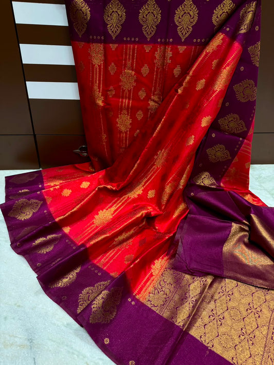 Banarasi Dupion Soft Silk Saree with Alfi Border, Zari Weaving & Jacquard Blouse