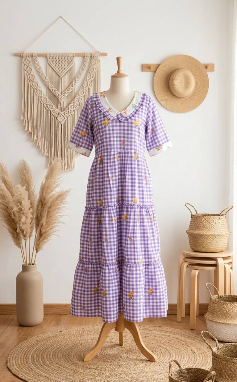 Soft Cotton Checked Print Maxi Dress with Floral Details