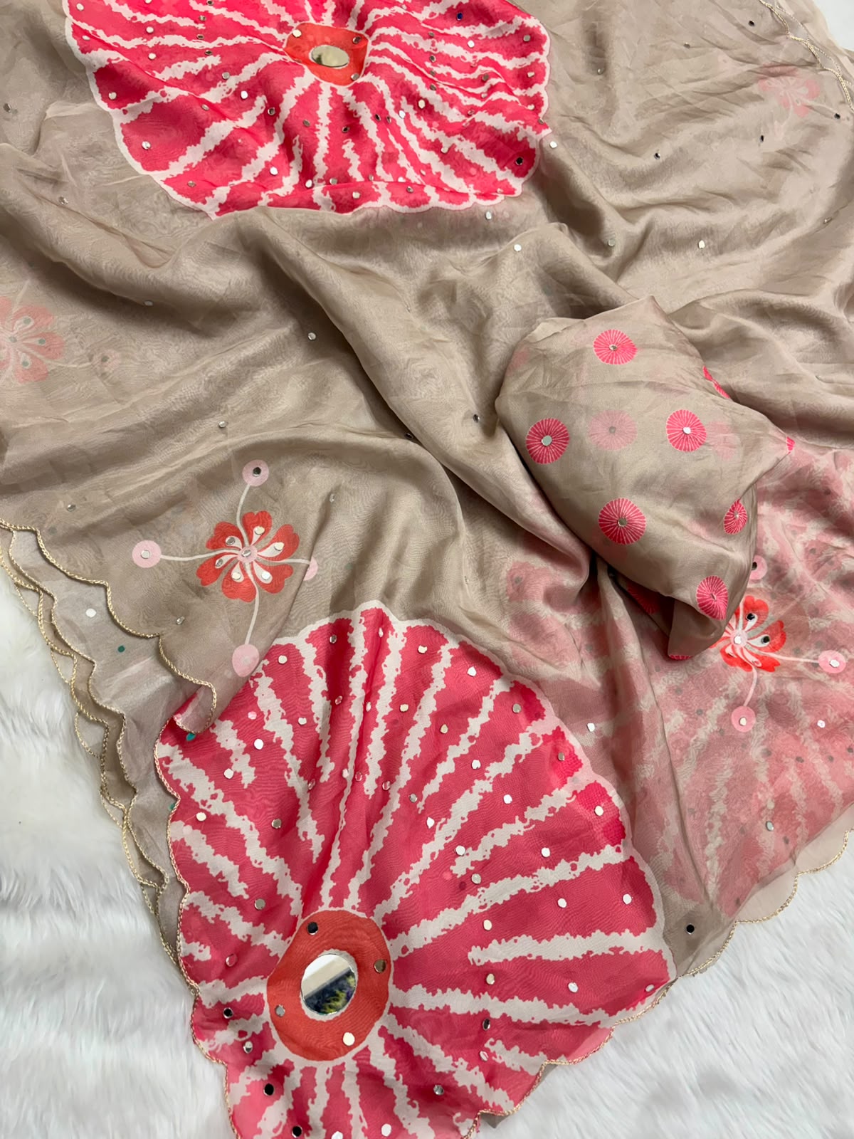 Soft Tabi Saree with Digital Print, Mirror Handwork and Cutwork Border