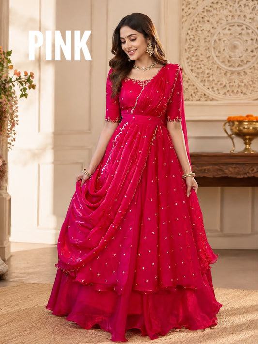 Heavy Space Silk Double Frill Lehenga Choli Set with Sequins Embroidery