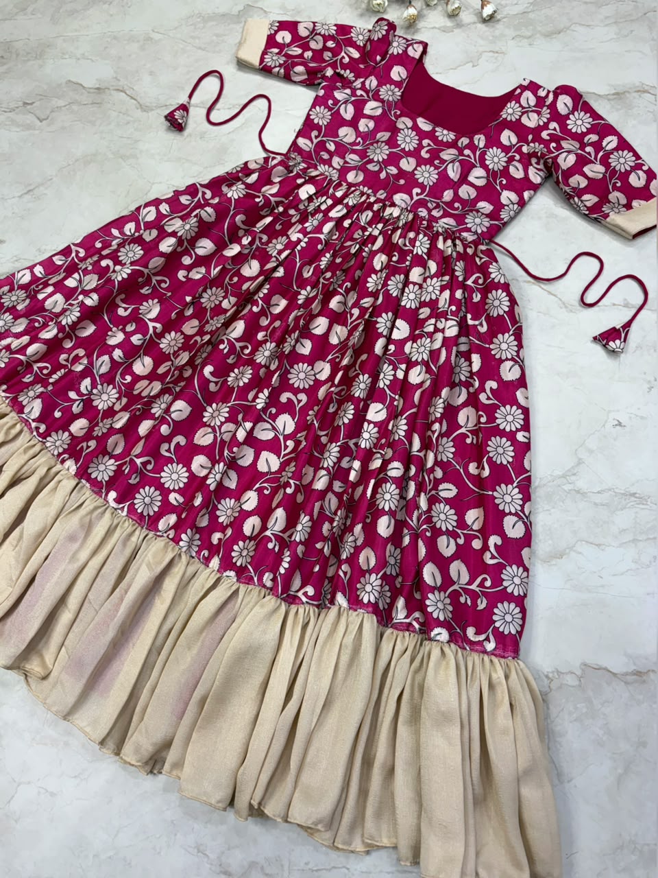 Traditional Kalamkari Vichithra Silk Frock with Contrast Colour Fusion