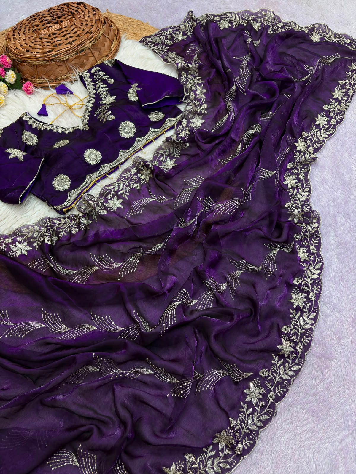 Riwaz Fendy Satin Saree with Sequin Embroidery and Heavy Border