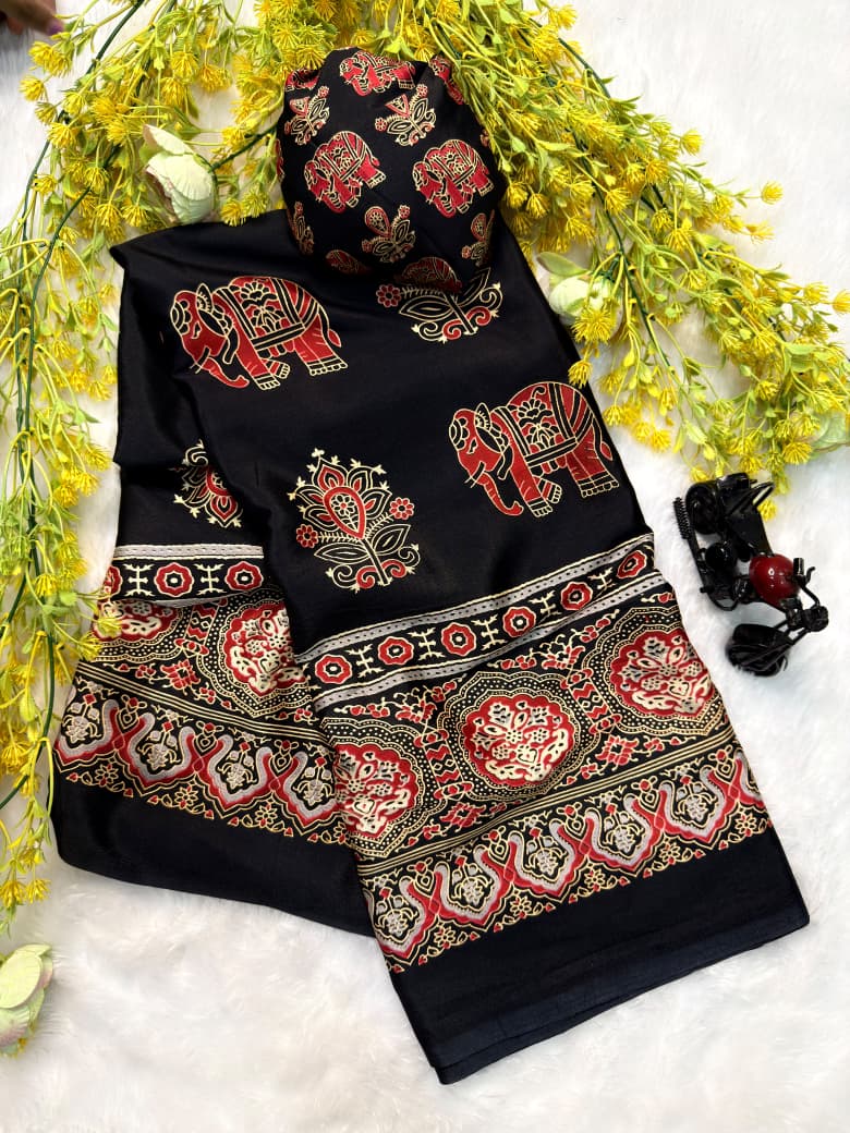 Ajrakh Premium Crepe Silk Saree with Blouse