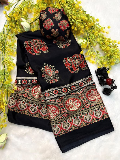 Ajrakh Premium Crepe Silk Saree with Blouse