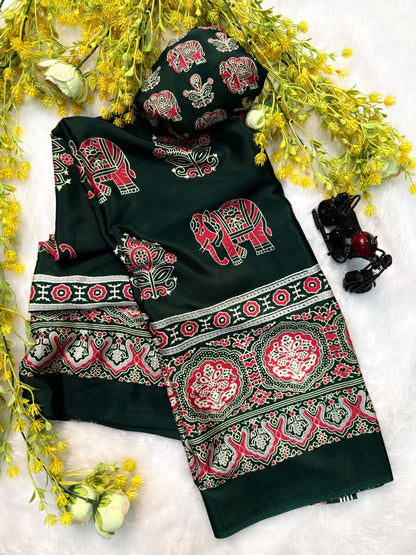 Ajrakh Premium Crepe Silk Saree with Blouse