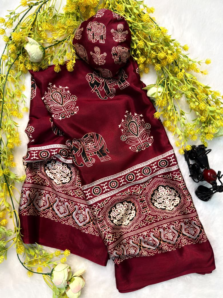 Ajrakh Premium Crepe Silk Saree with Blouse