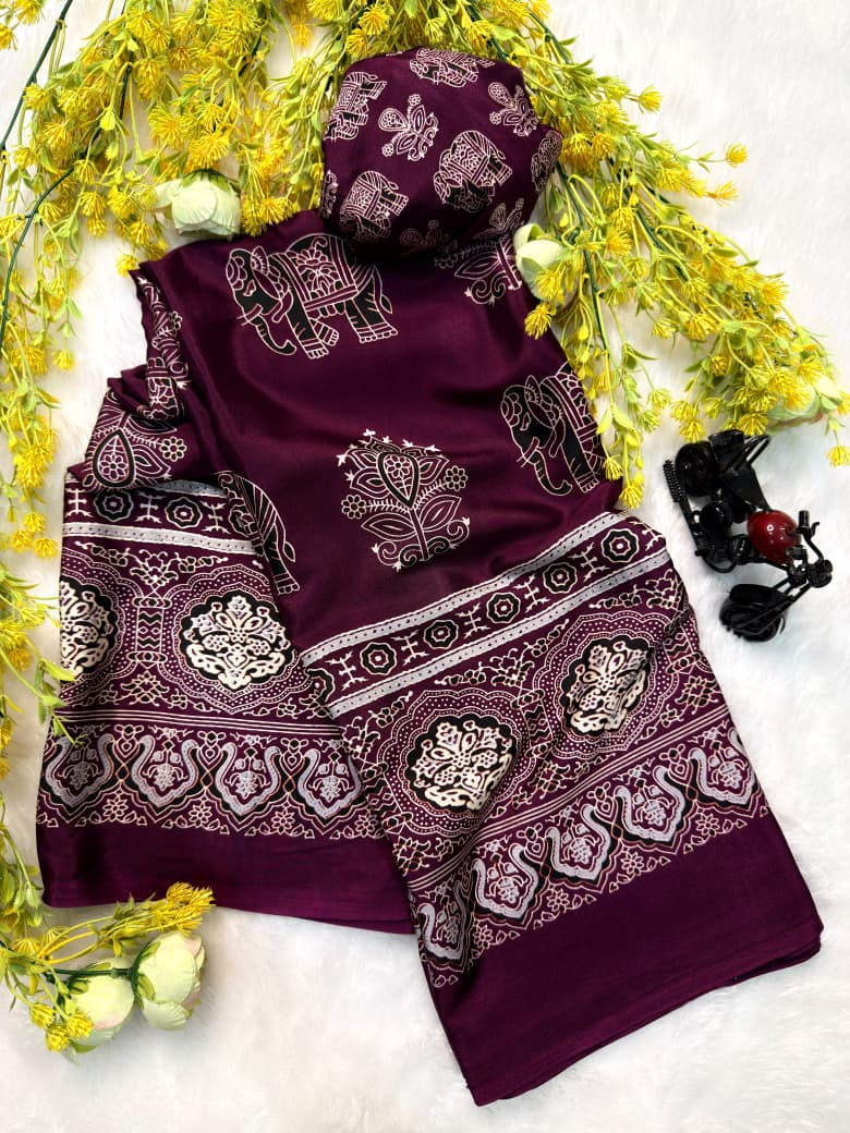 Ajrakh Premium Crepe Silk Saree with Blouse