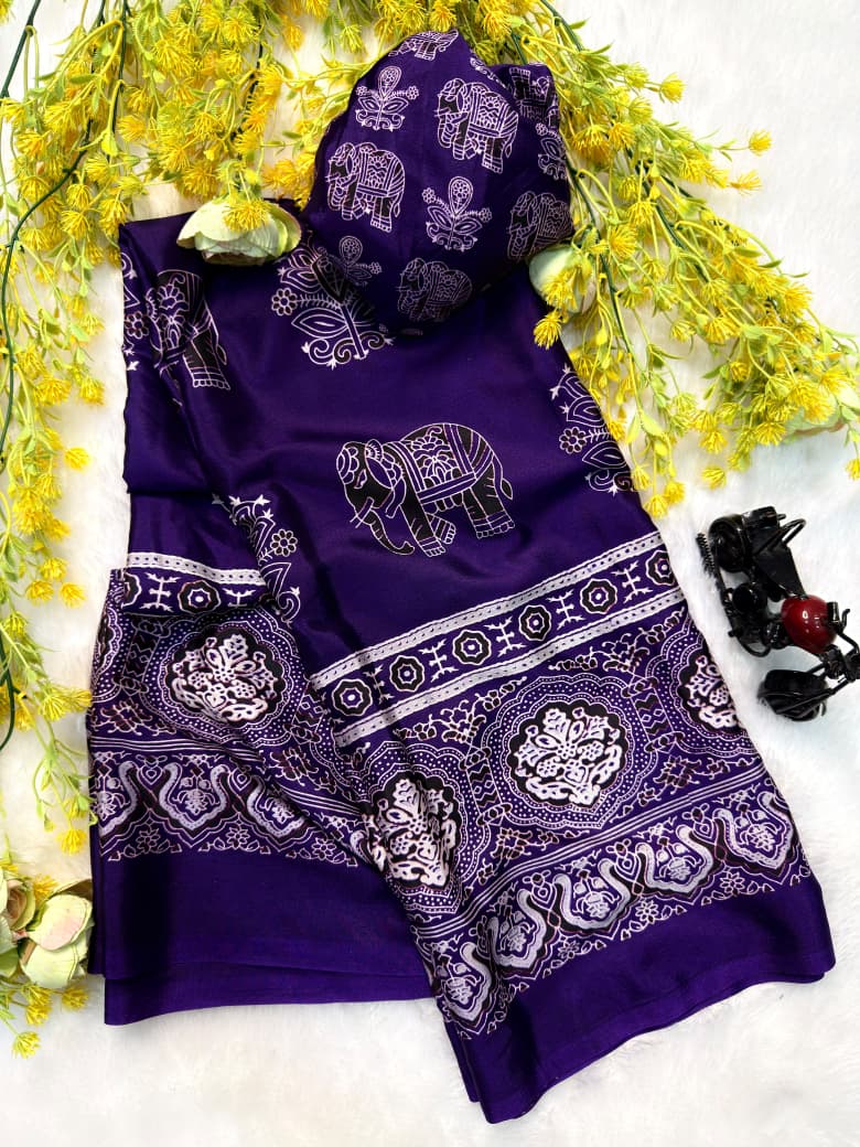 Ajrakh Premium Crepe Silk Saree with Blouse