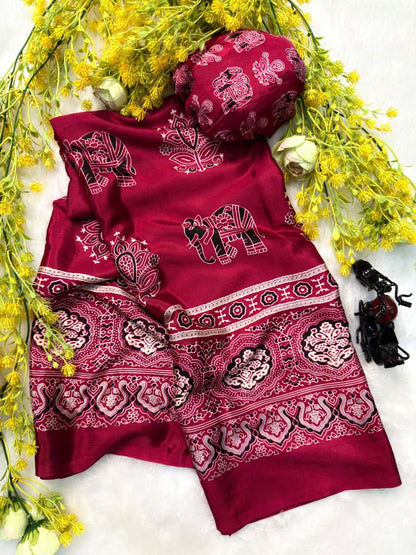 Ajrakh Premium Crepe Silk Saree with Blouse