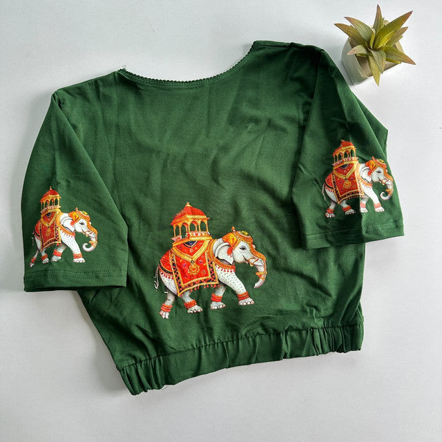Stretchable Cotton Lycra Slip-On Round Neck Blouse Green