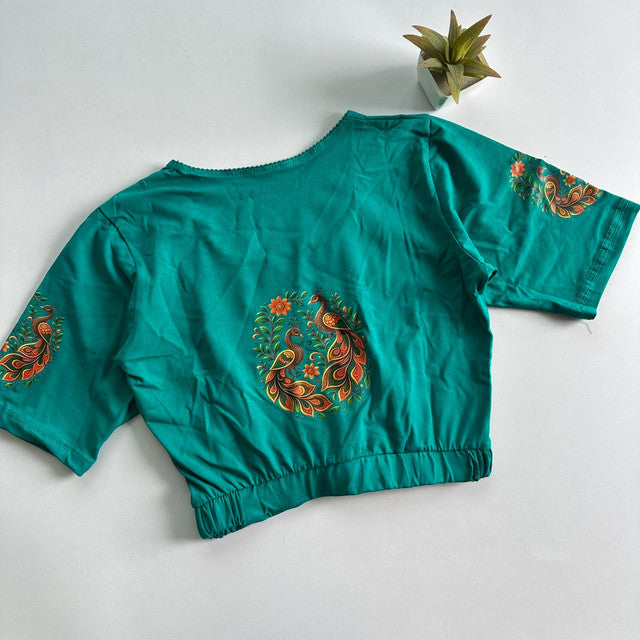 Stretchable Cotton Lycra Slip-On Round Neck Blouse Teal