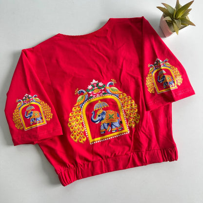 Stretchable Cotton Lycra Slip-On Round Neck Blouse Red