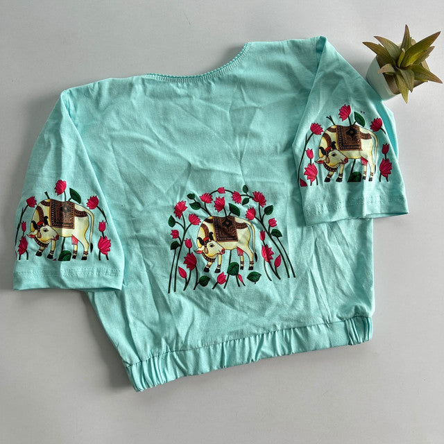 Stretchable Cotton Lycra Slip-On Round Neck Blouse Turquoise
