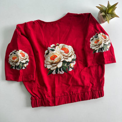 Stretchable Cotton Lycra Slip-On Round Neck Blouse Red