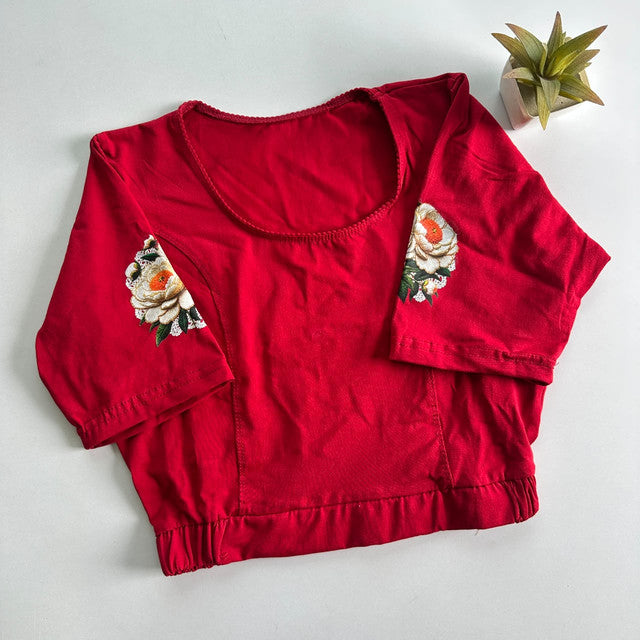 Stretchable Cotton Lycra Slip-On Round Neck Blouse Red