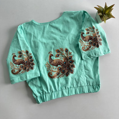 Stretchable Cotton Lycra Slip-On Round Neck Blouse Turquoise