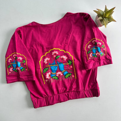 Stretchable Cotton Lycra Slip-On Round Neck Blouse Magenta