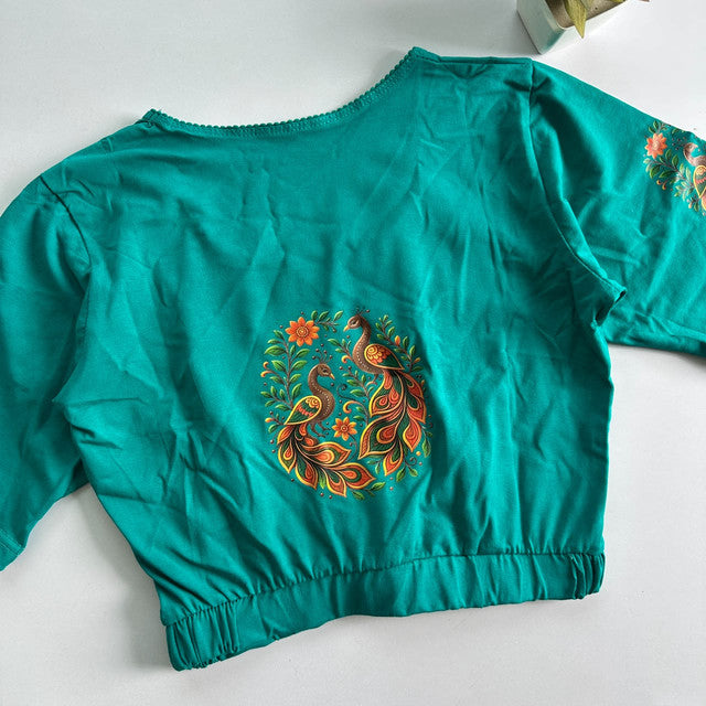 Stretchable Cotton Lycra Slip-On Round Neck Blouse Teal