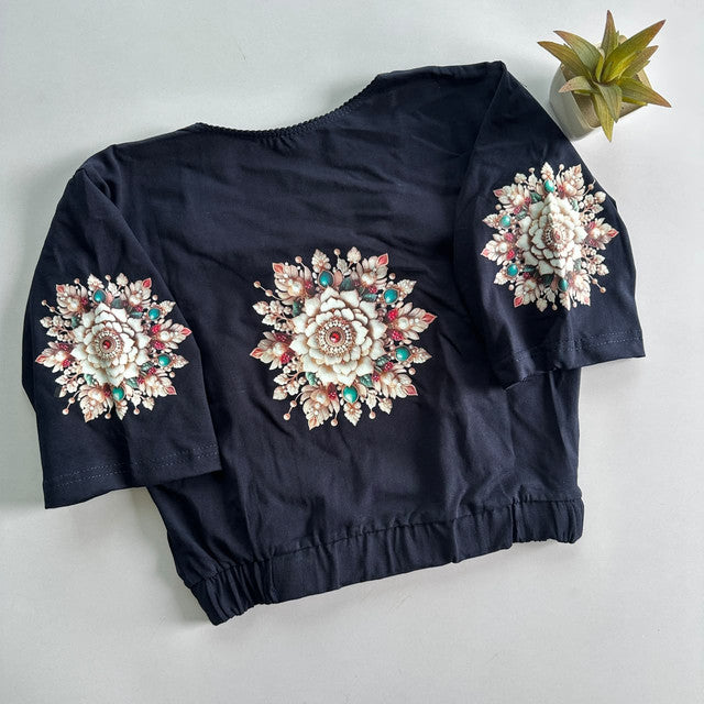 Stretchable Cotton Lycra Slip-On Round Neck Blouse Navy Blue
