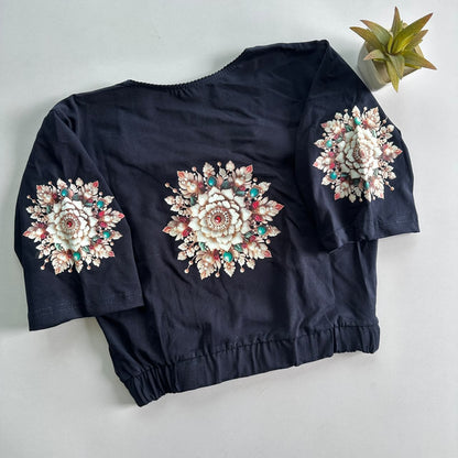 Stretchable Cotton Lycra Slip-On Round Neck Blouse Navy Blue