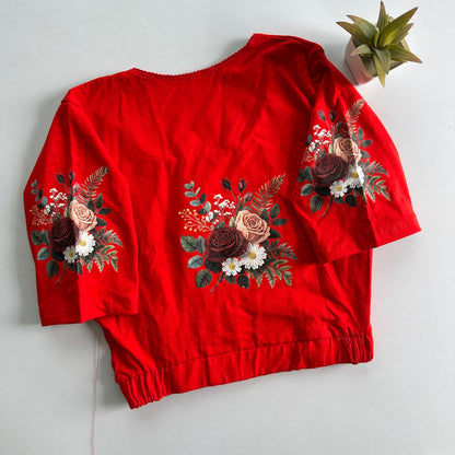 Stretchable Cotton Lycra Slip-On Round Neck Blouse Red