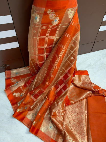 Banarasi Mango Soft Silk Saree with Runcut Weaving & Designer Pallu Orange