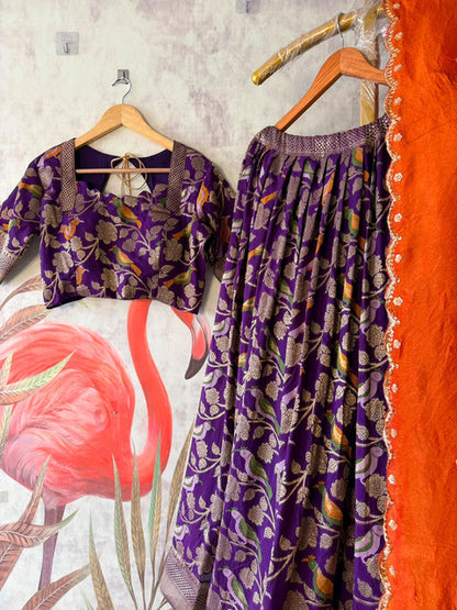 Bird Theme Khadi Crepe Jacquard Lehenga Set Purple