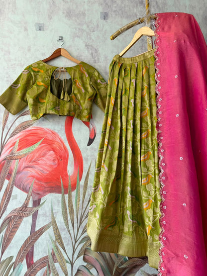 Bird Theme Khadi Crepe Jacquard Lehenga Set Rani Pink