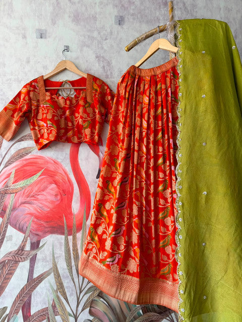 Bird Theme Khadi Crepe Jacquard Lehenga Set Orange