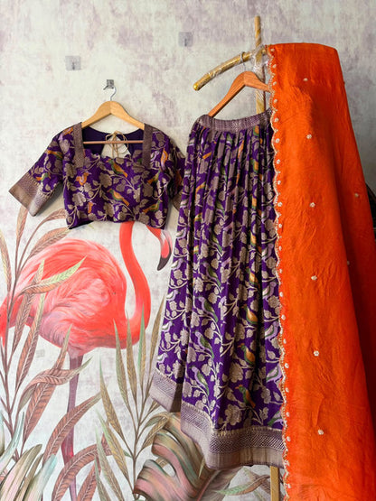 Bird Theme Khadi Crepe Jacquard Lehenga Set Purple
