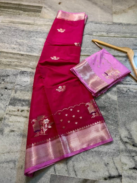 Banarasi Semi Viscose Silk Saree with Mina Buta & Tissue Pallu Crimson Red