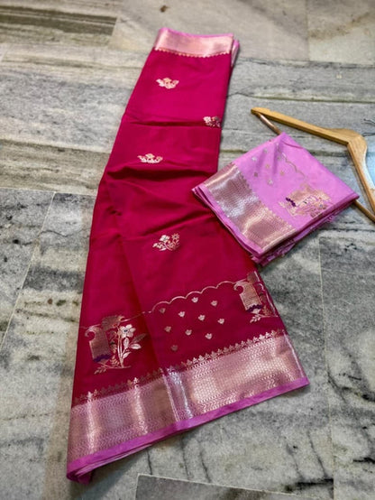 Banarasi Semi Viscose Silk Saree with Mina Buta & Tissue Pallu Crimson Red