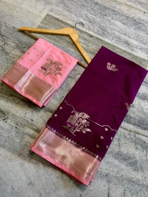 Banarasi Semi Viscose Silk Saree with Mina Buta & Tissue Pallu Maroon